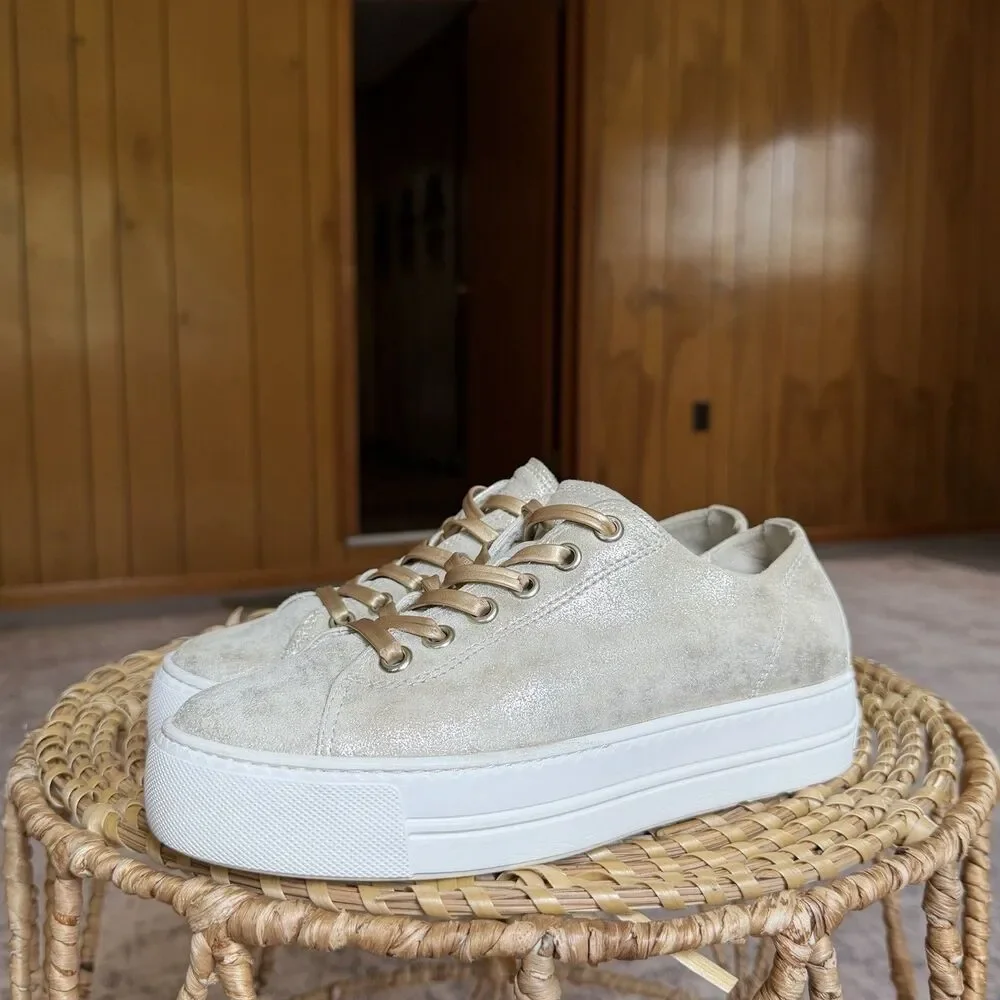 $420 Paul Green Hadley Platform Sneaker Leather Metallic Gold Beige UK 5.5 US 8